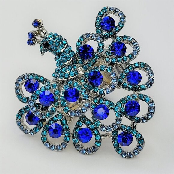 PEACOCK Ring Blue Crystals Stretch Band Ring - Picture 4 of 11